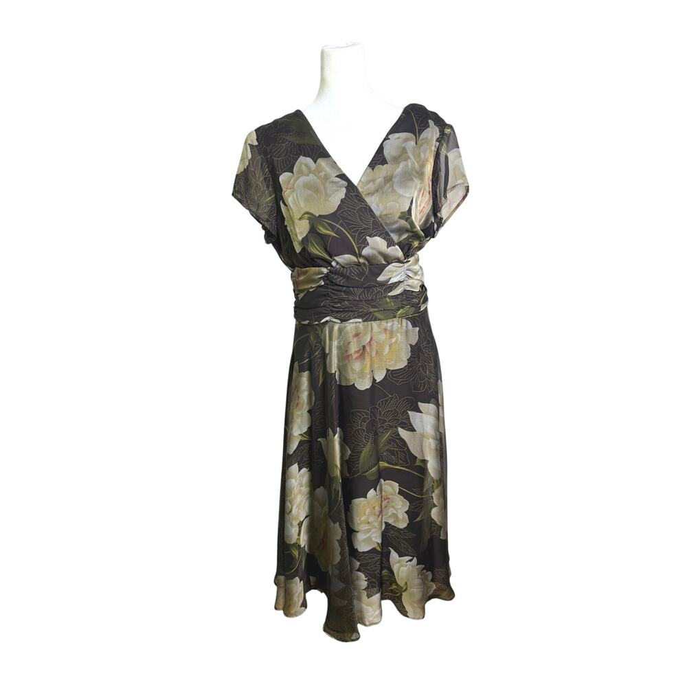 Vintage Connected Apparel Black Floral Midi Dress Size 12 Ruched Waist